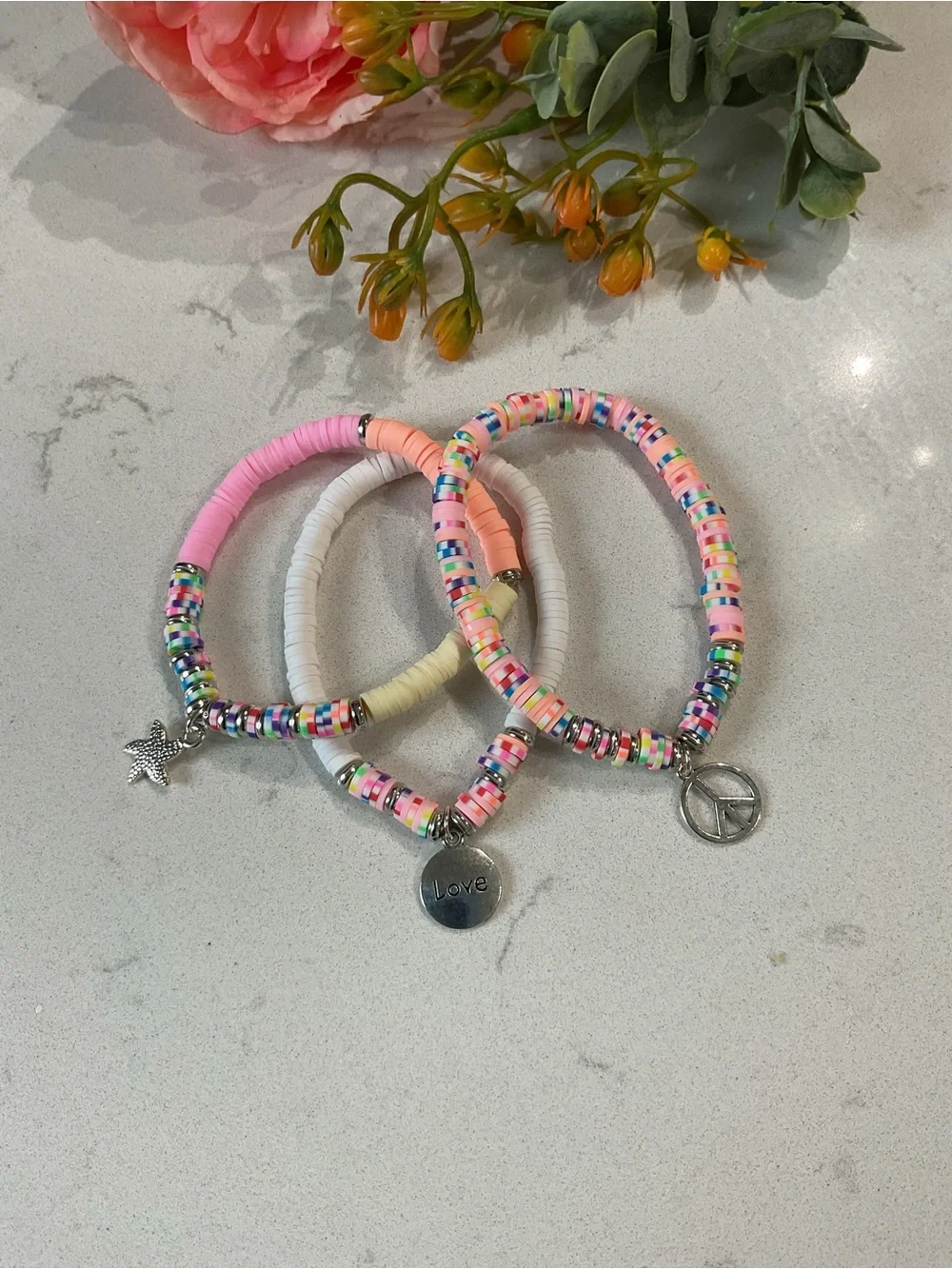 Kids Multicolor Beaded Charm Bracelet Set - Pink, White, Peach